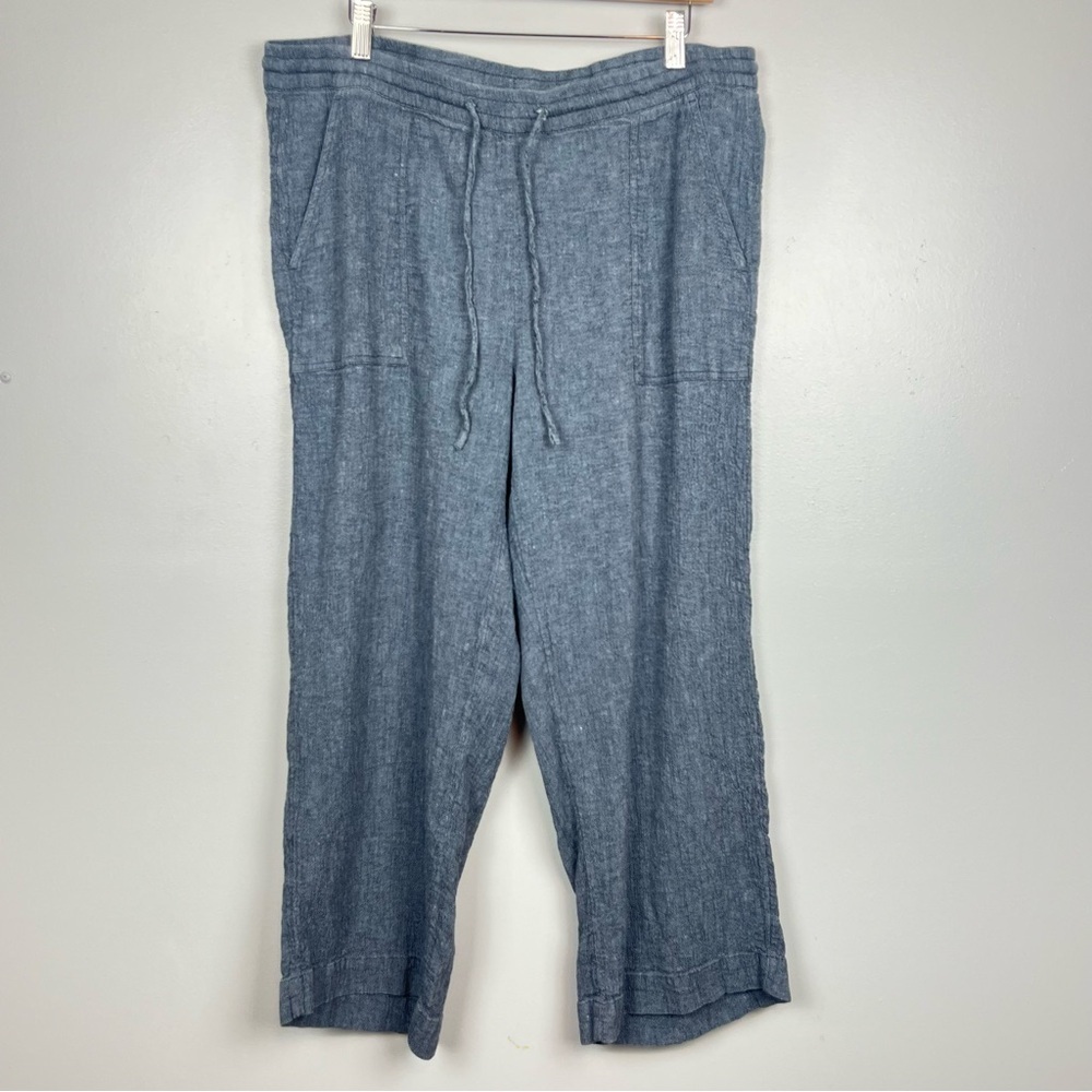 J.Jill PureJill blue gray crinkle linen blend elastic drawstring pants, large.